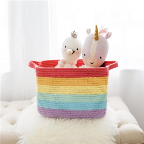 Woven Toy Basket Storage for Kids Room, Rectangular Basket for Shelves, Cotton - Picture 3 of 7
